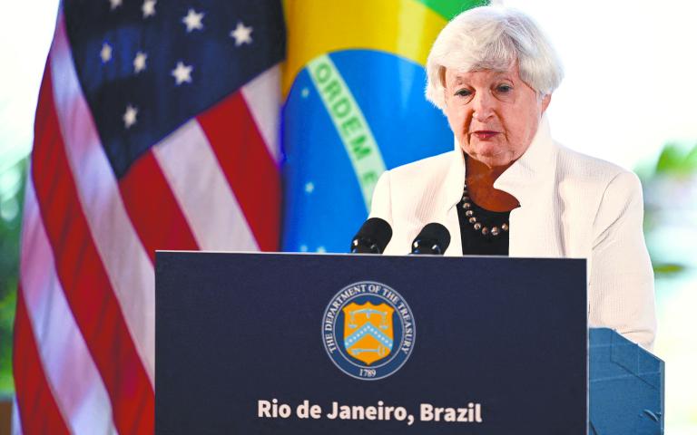 Janet Yellen, secretaria del Tesoro estadounidense, en conferencia de prensa en Rio de Janeiro.  Foto: AFP