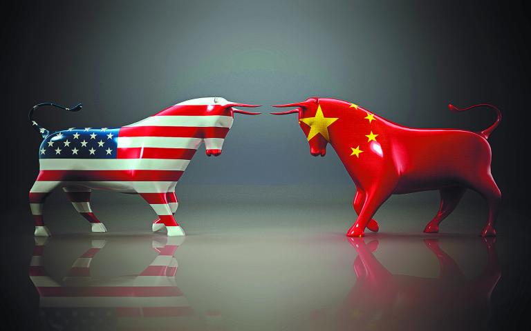 Bulls,With,American,And,Chinese,Flags,Facing,Each,Other,On