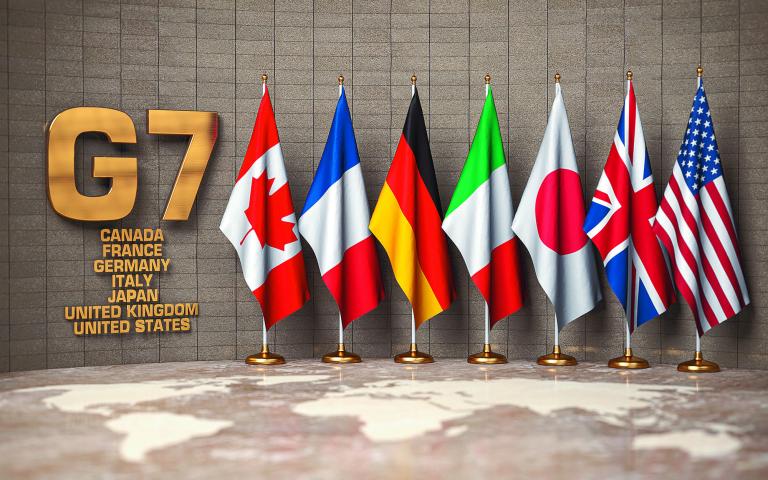 G7 summit or meeting concept. Row from flags of members of G7 group of seven and list of countries, 3d illustration