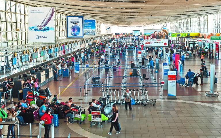 SANTIAGO, CHILE - MAR 8: Interior of Santiago de Chile's Arturo Merino Benitez International Airport on March 8, 2017.  The name honors the founder of the Chilean Air Force.