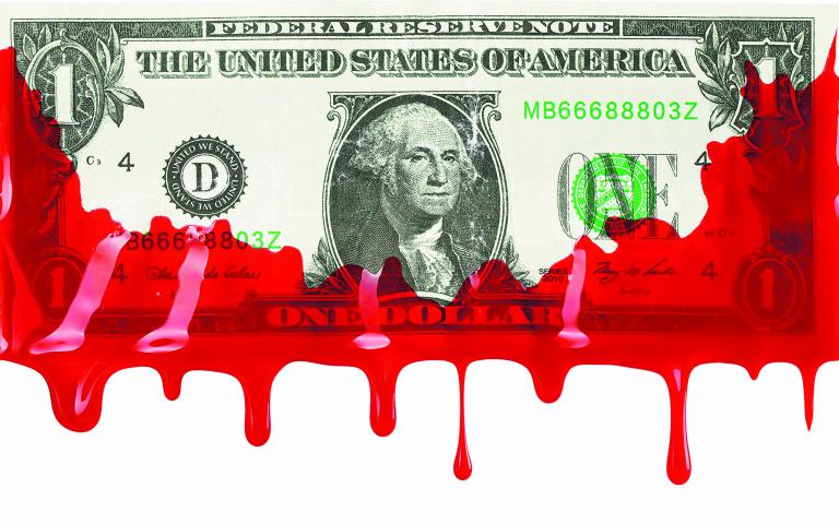 Us,American,Dollar,Bill,Covered,And,Dripping,With,Red,Blood.