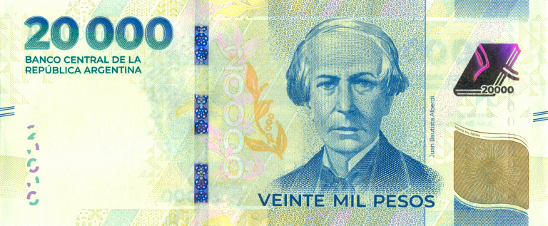 Argentina puso en circulación este miércoles billetes de 20,000 pesos.