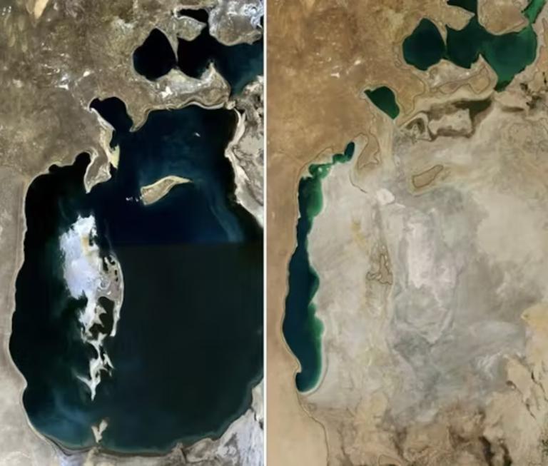 Evolución de la superficie del mar de Aral entre 1989 y 2014.