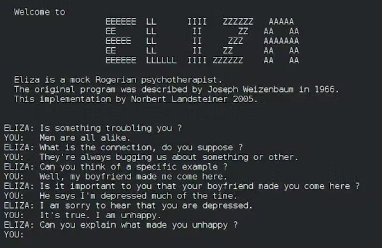 El chatbot ELIZA, publicado en 1966, ya simulaba el comportamiento humano, adoptando el papel de un psicólogo en su conversación con el usuario.