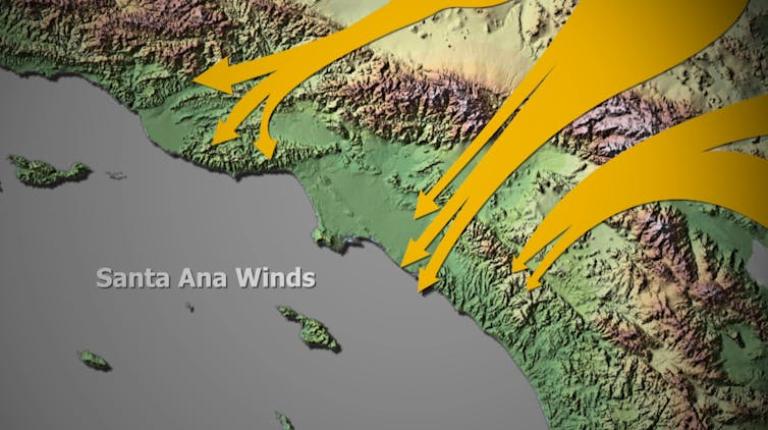 Los vientos de Santa Ana soplan desde las montañas hacia la costa, secándose y calentándose a medida que descienden. USGS