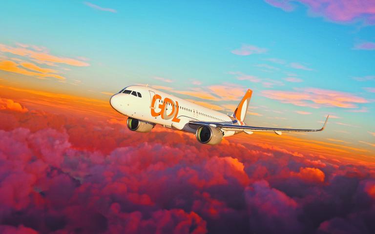 GOL Airlines flying over the sunset, 1 Fev, 2024, Rio de Janeiro, Brazil.