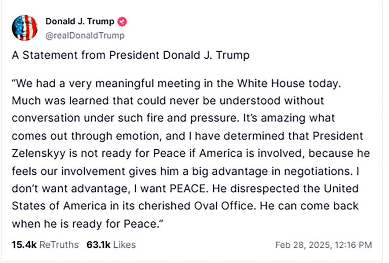 El presidente de Estados Unidos usó la red Social Truth para acusar a Zelenski.