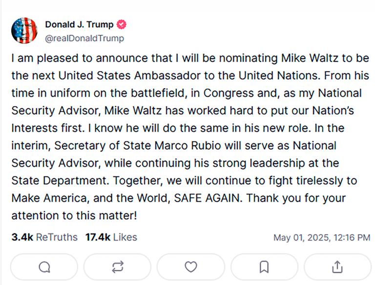 Mensaje de Donald Trump sobre el nombramiento de Waltz.