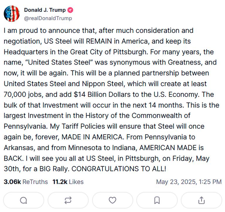 Trump's message on Truth Social regarding Nippon Steel's offer for U.S. Steel.
