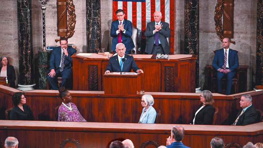 El primer ministro de Israel Benjamin Netanyahu durante su discurso en el Capitolio, ayer en Washington. Foto: Reuters