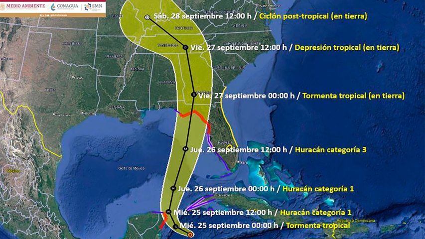 Trayectoria de la tormenta Helene, según el pronóstico de la Comsión Nacional del Agua.