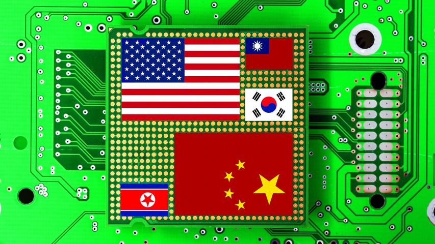 Motherboard with microchip and national flags of China and North Korea versus , Usa, South korea and Taiwan. Symbolizing war the United States and China tech war, designed to cripple China future