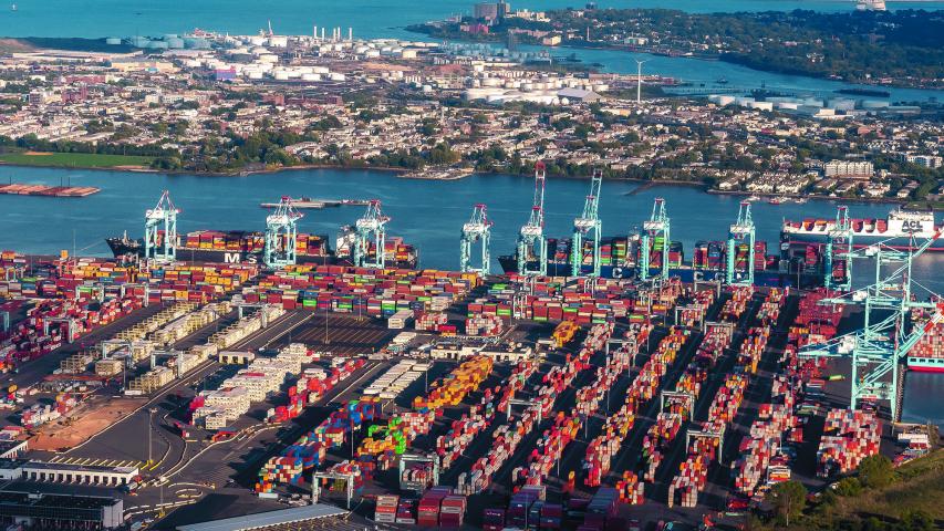 Port of Newark, Newark, New Jersey, USA - September 27, 2022 - Aerial view of Shipping Containers, Newark Bay, Panamax cranes, and the Port of Newark - Elizabeth Marine Terminal