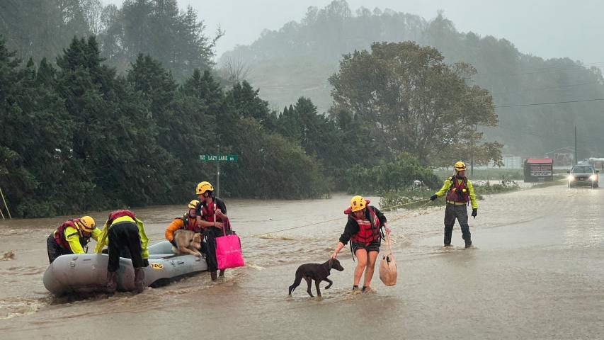 Víctimas del huracán Helene llevan a sus mascotas a un lugar seguro mientras son rescatadas por un equipo de emergencias.