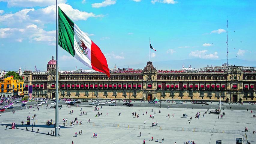 Mexico City, Mexico - January 26, 2019: Historical landmark National Palace building at Plaza de la Constitucion in Mexico City, Mexico.