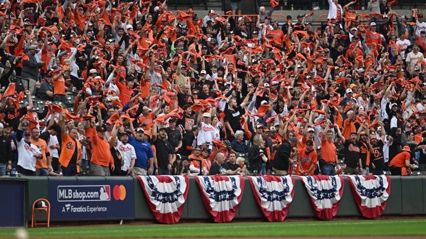 Oct 2, 2024; Baltimore, Maryland, USA; Baltimore Orioles fans wave rally towels before game two of the Wild Card round for the 2024 MLB Playoffs against the Kansas City Royals at Oriole Park at Camden Yards. Mandatory Credit: Tommy Gilligan-Imagn Images