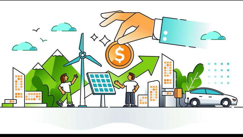 Renewable energy investment as natural future fund strategy outline concept. Alternative electricity and power production financial profit for zero emissions climate approach vector illustration.