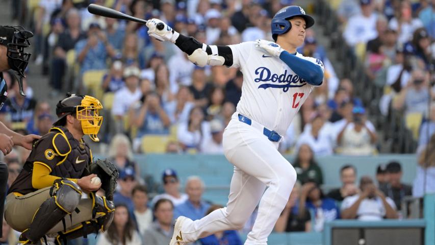 Oct 6, 2024; Los Angeles, California, USA; Los Angeles Dodgers designated hitter Shohei Ohtani (17) strikes out in the first inning against the San Diego Padres during game two of the NLDS for the 2024 MLB Playoffs at Dodger Stadium. Mandatory Credit: Jayne Kamin-Oncea-Imagn Images