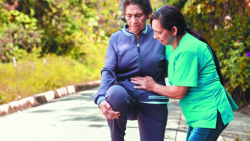 A nurse helps an elderly woman stay active and healthy with outdoor physical therapy stretches.