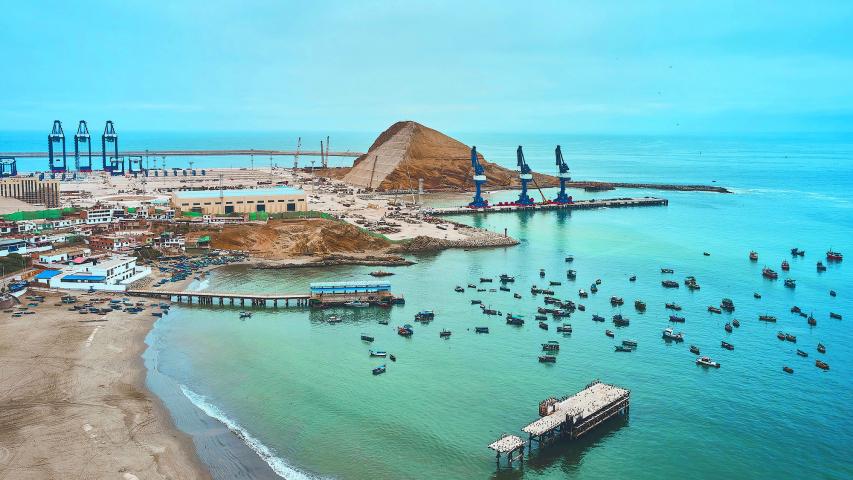 Aerial view of Chancay Mega seaport. Located in Peru, under construction, future maritime hub of South America. Chancay Lima, Peru.