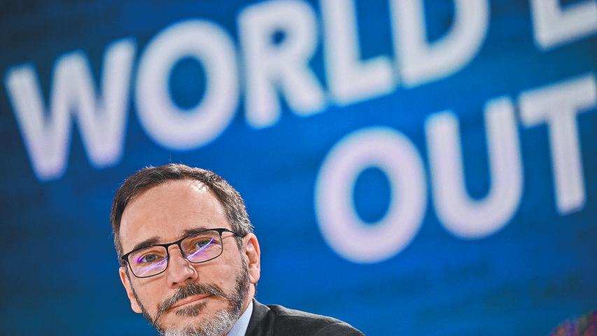 International Monetary Fund (IMF) Chief Economist Pierre-Olivier Gourinchas speaks during the International Monetary Fund (IMF)-World Bank annual Fall meetings in Washington, DC, on October 22, 2024. (Photo by Brendan SMIALOWSKI / AFP)