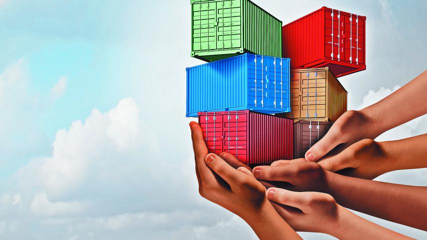 Cargo group shipping concept and international free trade agreement symbol as a group of diverse ethnic hands holding freight containers with 3D illustration elements.