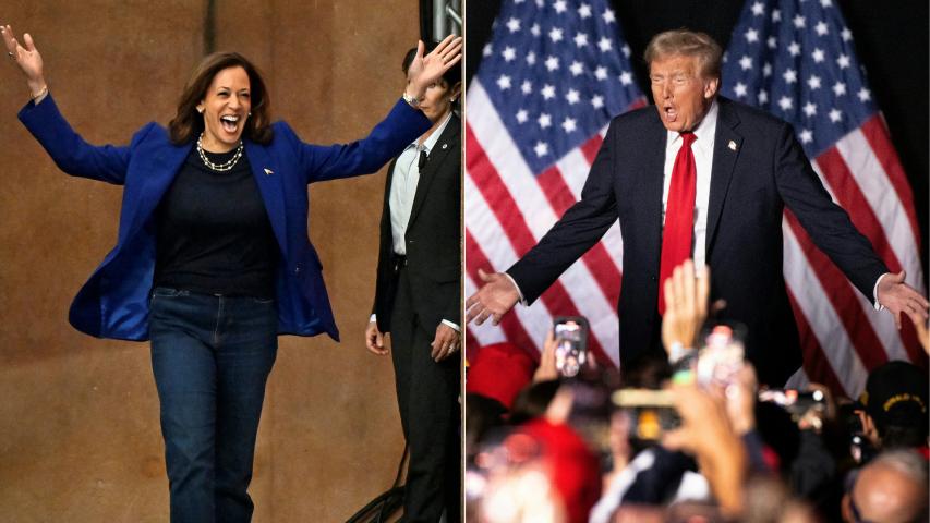 La vicepresidenta y candidata presidencial demócrata Kamala Harris caminando por el escenario cuando llega a un mitin de campaña en el Anfiteatro Craig Ranch en Las Vegas, el 31 de octubre, y al candidato presidencial republicano y expresidente Donald Trump haciendo un gesto a sus seguidores mientras camina por el escenario durante un mitin de campaña en el Sports and Expo Center en el Macomb Community College en Michigan, el 1 de noviembre.