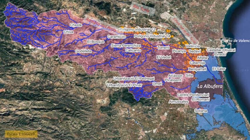 Extensión de la cuenca de la rambla del Poyo (en rosa), la máxima zona de inundación del humedal de La Albufera (en azul) y construcciones dañadas (en naranja) el 31 de octubre tras la dana del 29 de octubre de 2024 según análisis del programa Copernicus.