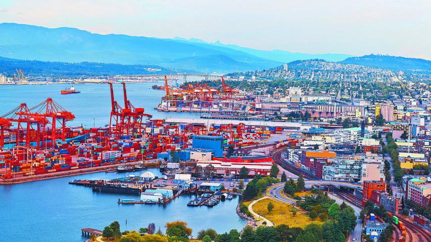 Vancouver, Canada July 1, 2019: Vancouver port handles approximately 400,000 vehicles annually, making the Port of Vancouver one of the top three ports on the west coast of North America.