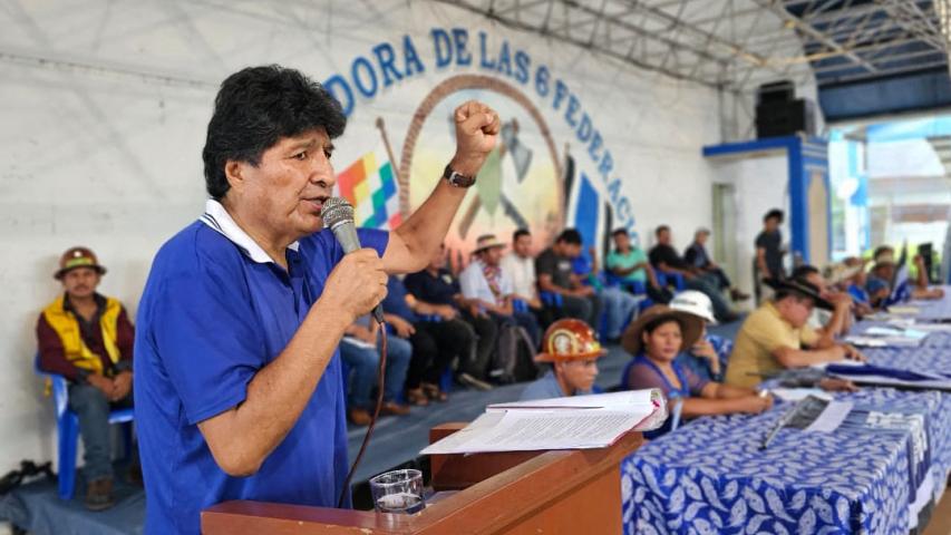 This handout picture released by Radio Kawsachun Coca (RKC) shows former Bolivia's President Evo Morales speaking to supporters in Lauca Ñ, Chapare region, Bolivia on November 22, 2024. (Photo by AIZAR RALDES / Kawsachun Coca / AFP) / RESTRICTED TO EDITORIAL USE - MANDATORY CREDIT "AFP PHOTO / KAWSACHUN COCA" - NO MARKETING - NO ADVERTISING CAMPAIGNS - DISTRIBUTED AS A SERVICE TO CLIENTS