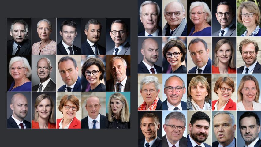 (COMBO) This duo of combination photographs created on December 23, 2024 shows (LEFT) the newly-appointed members of the cabinet of French Prime Minister Francois Bayrou following its announcement on December 23, 2024 (1st row-from top-second left) Minister of Education, Higher Education and Research Elisabeth Borne; Minister of Overseas Manuel Valls; Minister of Justice Gerald Darmanin; Minister of the Interior Bruno Retailleau; (2nd row-from left) Minister for Labour, Health, Solidarities and Families Catherine Vautrin; Minister for the Economy, Finances and Industrial and Digital sovereignty Eric Lombard; Minister for the Armed Forces Sebastien Lecornu;  Minister of Culture Rachida Dati; Minister for regional planning and decentralisation Francois Rebsamen; (3rd row-from left) Foreign and European Affairs Minister Jean-Noel Barrot; Minister for Ecological Transition, Biodiversity, Forest, Sea and Fisheries Agnes Pannier-Runacher; Minister of Agriculture, food sovereignty Annie Genevard; Minister for Public Action, Civil Service and Simplification Laurent Marcangeli and Minister for Sports, Youth and Associative Life Marie Barsacq and (RIGHT) the members of the outgoing cabinet of French Prime Minister Michel Barnier (1st row-from top-second left) Justice Minister Didier Migaud; Minister for regional partnership and decentralisation, Catherine Vautrin; Interior Minister Bruno Retailleau and Education Minister Anne Genetet. (2nd row-from left) Foreign and European Affairs Minister Jean-Noel Barrot; Culture Minister Rachida Dati; Minister for the Armed Forces Sebastien Lecornu; Minister for Ecological Transition, Energy, Climate and risk prevention Agnes Pannier-Runacher and Minister for Economy, Finance and Industry Antoine Armand. (3rd row-from left) Minister for Health and access to care Genevieve Darrieussecq; Minister of Solidarity, Autonomy and Gender Equality Paul Christophe; Minister of housing and urban renewal Valerie Letard; Minister of Agriculture, food