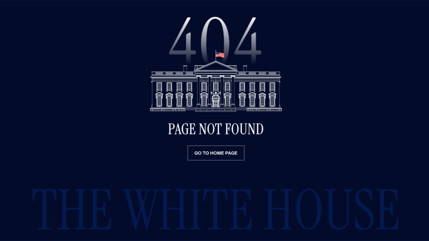 Alacceder a la página web de la Casa Blanca en español aparece un error de "página no encontrada", acompañado de un acceso directo a la versión en inglés.