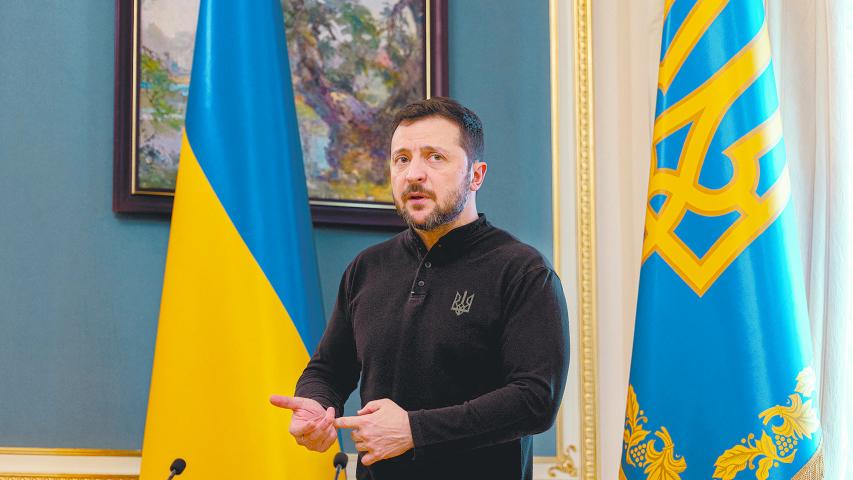 Ukraine's President Volodymyr Zelenskiy gives a press conference in Kyiv, Ukraine, on February 19, 2025, amid the Russian attack on Ukraine. Tetiana Dzhafarova/Pool via REUTERS?