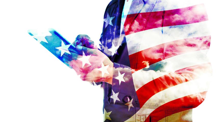 Double Exposure of Businessman with Cloud and America Flag as American Election or Politic concept