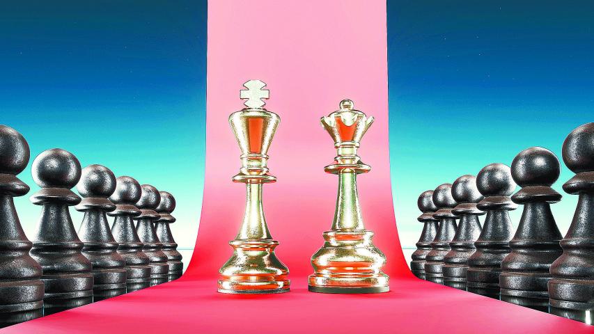 The king is standing with the Queen between two rows of pawns, symbolizing absolute power couple, presented in 3d illustration,