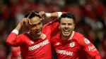 Toluca's midfielder #29 Jorge Diaz (L) celebrates with teammate midfielder #10 Jesus Angulo scoring the opening goal during the CONCACAF Champions Cup final football match between Mexicos Toluca and Tigres UANL at the Nemesio Diez Stadium in Toluca, Mexico on May 30, 2026. (Photo by Mario Vazquez / AFP)