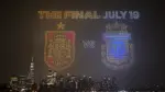 La imagen final del 19 de julio, con los escudos de España y Argentina, se proyecta frente al horizonte de Manhattan durante el espectáculo de drones de la FIFA en Nueva York/Nueva Jersey, en el Liberty State Park, el 15 de julio de 2026 en Jersey City, Nueva Jersey. AFP