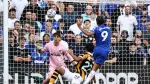 Chelsea's Brazilian striker #09 Joao Pedro (R) wactches his sot in to the net as he scores the team's second goal during the English Premier League football match between Chelsea and Hull City at Stamford Bridge in London on September 12, 2026. (Photo by Henry NICHOLLS / AFP) / RESTRICTED TO EDITORIAL USE. No use with unauthorized audio, video, data, fixture lists, club/league logos or 'live' services. Online in-match use limited to 120 images. An additional 40 images may be used in extra time. No video emulation. Social media in-match use limited to 120 images. An additional 40 images may be used in extra time. No use in betting publications, games or single club/league/player publications. /