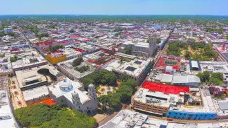 Panoramic aerial view of the colonial streets in the center of Merida