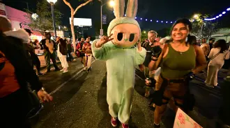 A reveler in a Labubu costume takes part in the West Hollywood Halloween Carnaval in West Hollywood, California, on October 31, 2025. (Photo by Frederic J. BROWN / AFP)