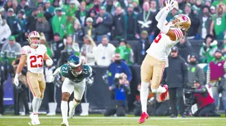 Jan 11, 2026; Philadelphia, PA, USA; San Francisco 49ers wide receiver Demarcus Robinson (5) makes a catch against the Philadelphia Eagles during the first quarter in an NFC Wild Card Round game at Lincoln Financial Field. Mandatory Credit: Eric Hartline-Imagn Images