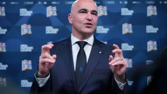 Portugal's national football team head coach Roberto Martinez talks to the press after attending the 2026/27 UEFA Nations League league phase draw ceremony as part of the European football governing body's 50th annual Ordinary Congress in Brussels on February 12, 2026. (Photo by Pau BARRENA / AFP)