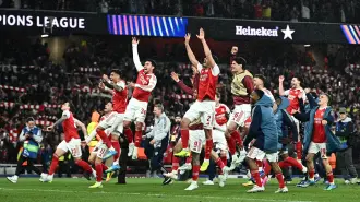 Soccer Football - UEFA Champions League - Semi Final - Second Leg - Arsenal v Atletico Madrid - Emirates Stadium, London, Britain - May 5, 2026 Arsenal players celebrate after reaching the UEFA Champions League final REUTERS/Dylan Martinez     TPX IMAGES OF THE DAY