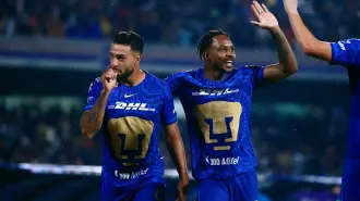 Soccer Football - Liga MX - Quarter Final - Second Leg - Pumas UNAM v America - Estadio Olimpico Universitario, Mexico City, Mexico - May 10, 2026 Pumas UNAM's Nathan Silva celebrates scoring their second goal with Alvaro Angulo REUTERS/Eloisa Sanchez