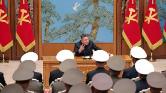 This picture taken on May 17, 2026 and released by North Korea's official Korean Central News Agency (KCNA) on May 18, 2026 shows North Korean leader Kim Jong Un (top C) speaking on key military issues during a meeting of commanding officers of the divisions and brigades of the entire army at the Party Central Committee headquarters in Pyongyang. (Photo by KCNA VIA KNS / AFP) / South Korea OUT / ---EDITORS NOTE--- RESTRICTED TO EDITORIAL USE - MANDATORY CREDIT "AFP PHOTO/KCNA VIA KNS" - NO MARKETING NO ADVERTISING CAMPAIGNS - DISTRIBUTED AS A SERVICE TO CLIENTSTHIS PICTURE WAS MADE AVAILABLE BY A THIRD PARTY. AFP CAN NOT INDEPENDENTLY VERIFY THE AUTHENTICITY, LOCATION, DATE AND CONTENT OF THIS IMAGE. /