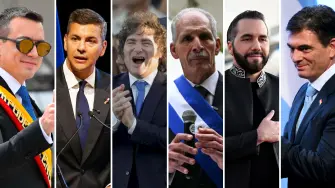 Daniel Noboa, presidente de Ecuador; Santiago Peña, presidente de Paraguay; Javier Milei, presidente de Argentina; Nasry "Tito" Asfura, presidente e Honduras; Nayib Bukele, presidente de El Salvador y Rodrigo Paz, presidente de Bolivia.