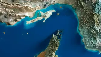 Vista satelital en 3D del estrecho de Ormuz.