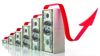 stack of dollars with a red arrow