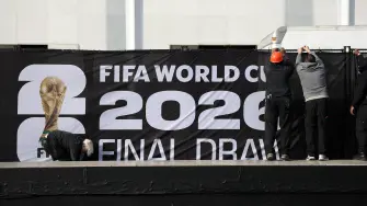 WASHINGTON, DC - DECEMBER 04: Final preparations are made as FIFA World Cup 2026 Final Draw signage is displayed outside the Kennedy Center on December 04, 2025 in Washington, DC.   Dan Mullan/Getty Images/AFP (Photo by Dan Mullan / GETTY IMAGES NORTH AMERICA / Getty Images via AFP)