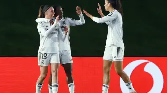 Soccer Football - UEFA Women's Champions League - Real Madrid v VfL Wolfsburg - Estadio Alfredo Di Stefano, Madrid, Spain - December 9, 2025 Real Madrid's Linda Caicedo celebrates scoring their second goal with Real Madrid's Eva Navarro REUTERS/Susana Vera